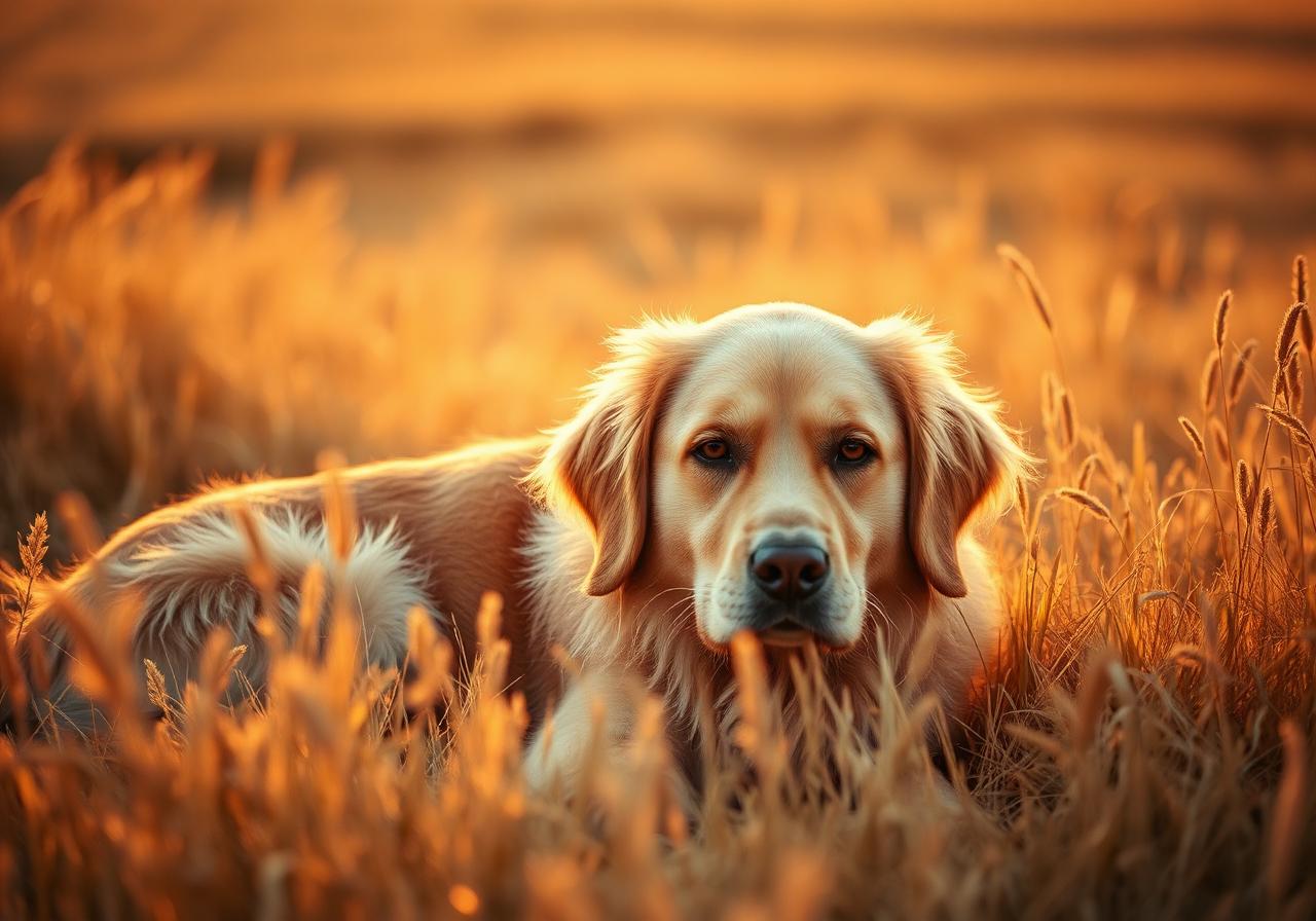 Golden retriever resting in a sunlit field